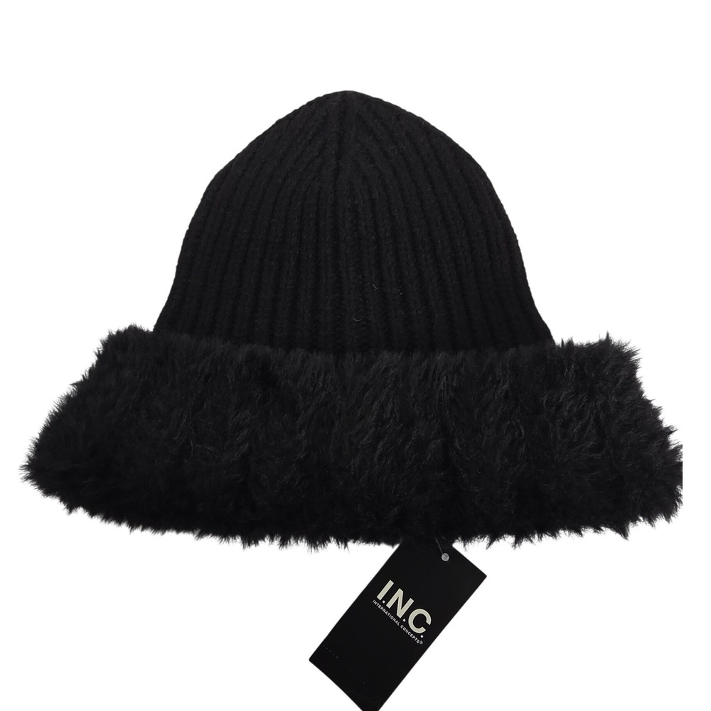 INC International Concepts Black Ribbed Knit Faux Fur Trim Beanie